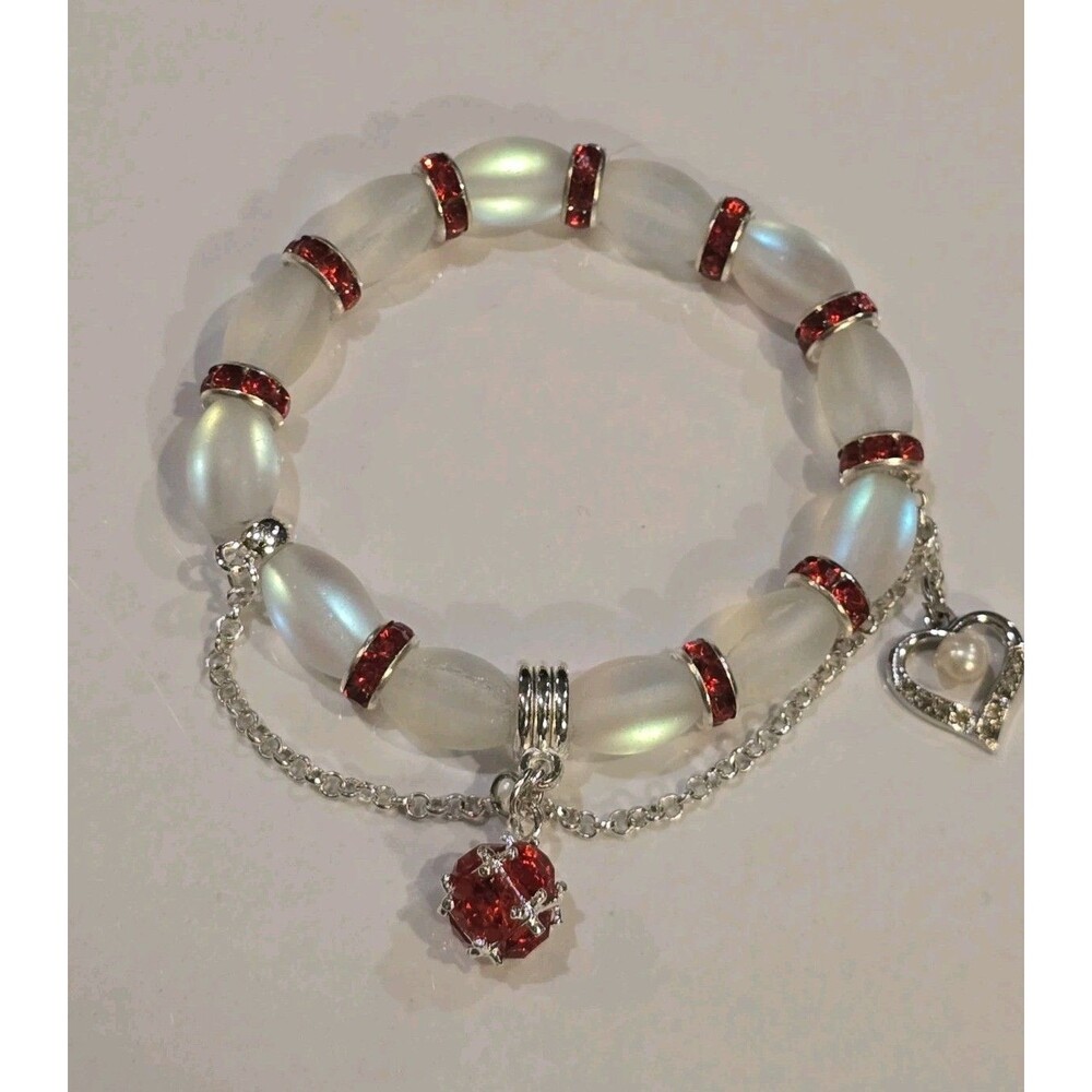 Moonstone Glass Bead Stretch Bracelet Red Rhinestone Heart Charm Silver Tone